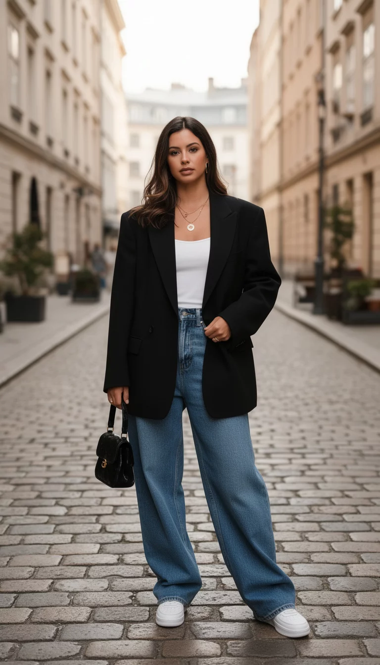 A beautiful woman in an oversized black blazer, white top, loose blue jeans, and white sneakers, holding a small black bag on a cobblestone street.