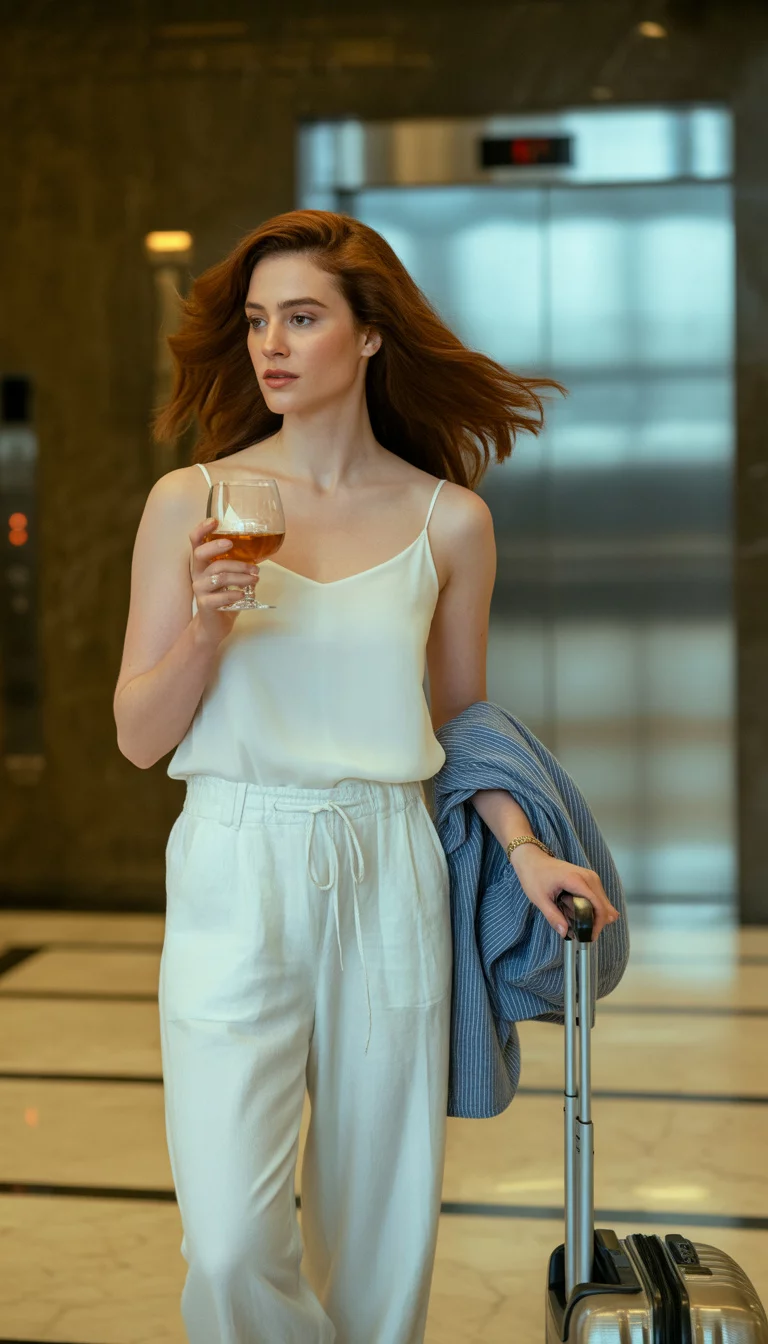 A beautiful woman in a white cami, white drawstring trousers, and a blue-striped shirt draped over her shoulders, next to a silver suitcase near an elevator while drinking from a glass.