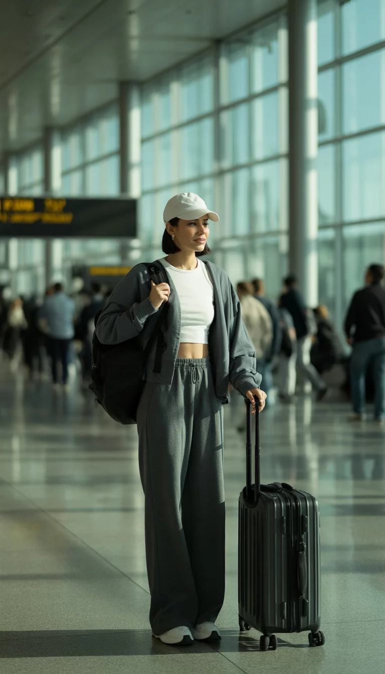 A beautiful woman in a white cap, grey crop top, dark grey wide-leg sweatpants, and a matching draped sweater, holding a black backpack beside dark luggage in a busy airport.
