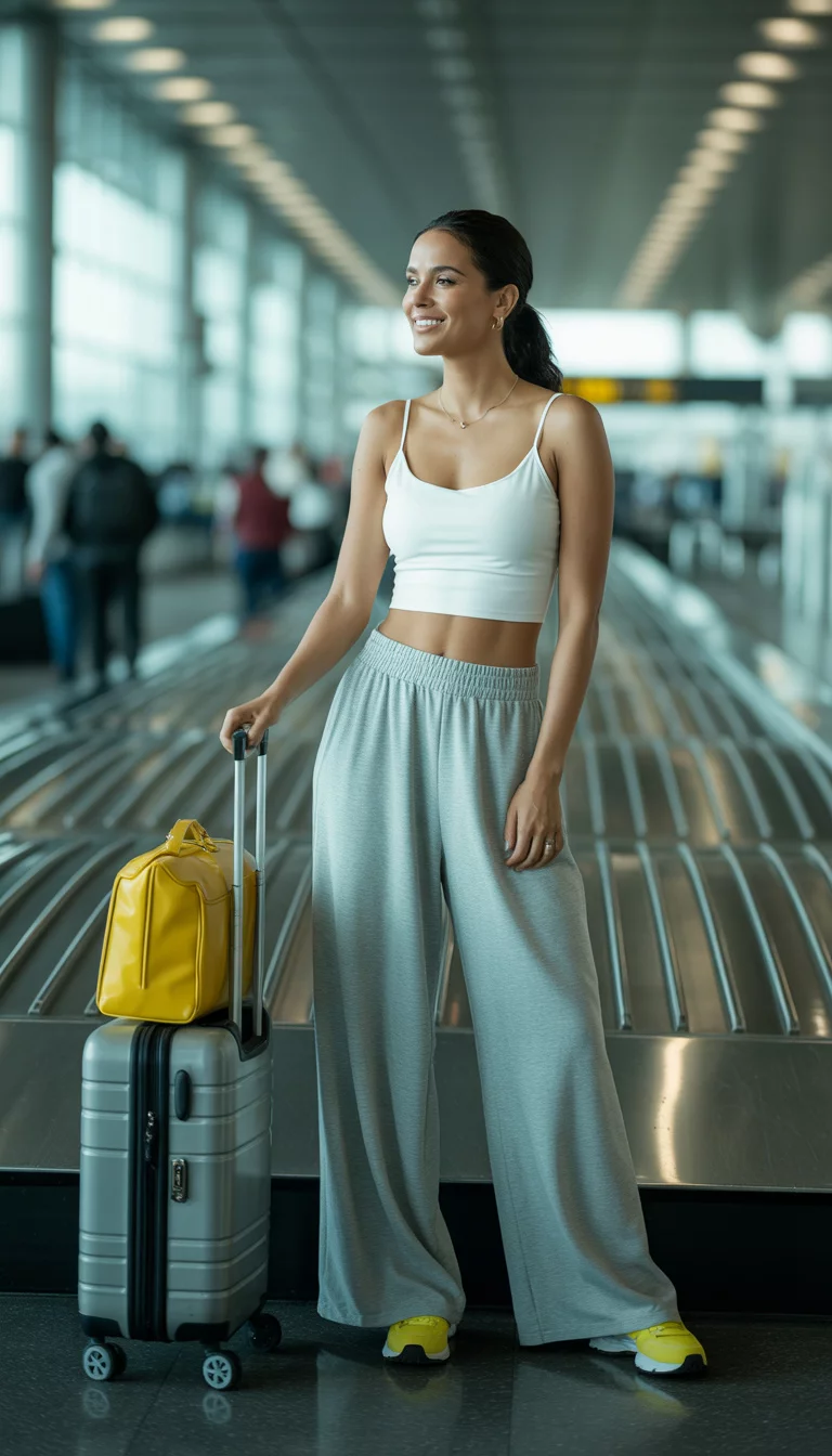 A beautiful woman in a white spaghetti strap crop top, wide-leg light gray sweatpants, yellow shoes, and holds a yellow structured bag on a rolling suitcase at airport baggage claim.