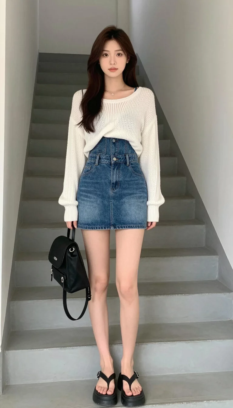 A beautiful woman in a white sweater draped over a denim mini-dress, black platform flip-flops, and carrying a small black backpack, posing indoors in front of stairs.