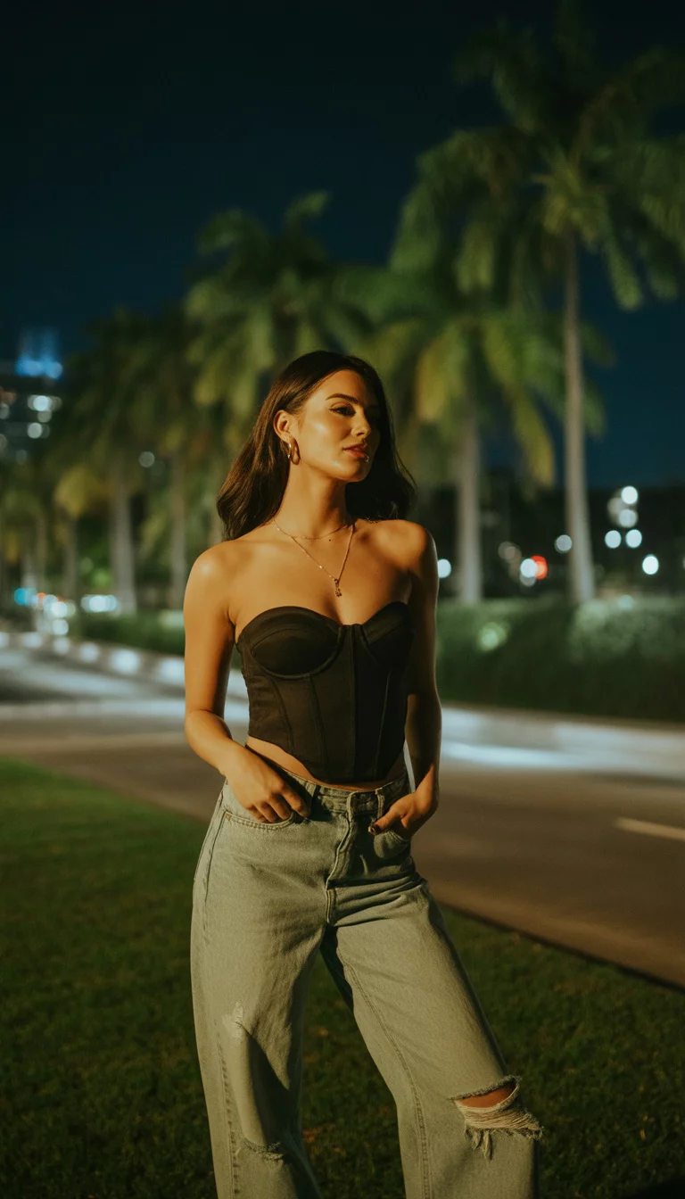 A beautiful woman in a black strapless bustier top and ripped light wash wide leg jeans, she stands outdoors at night near palm trees.