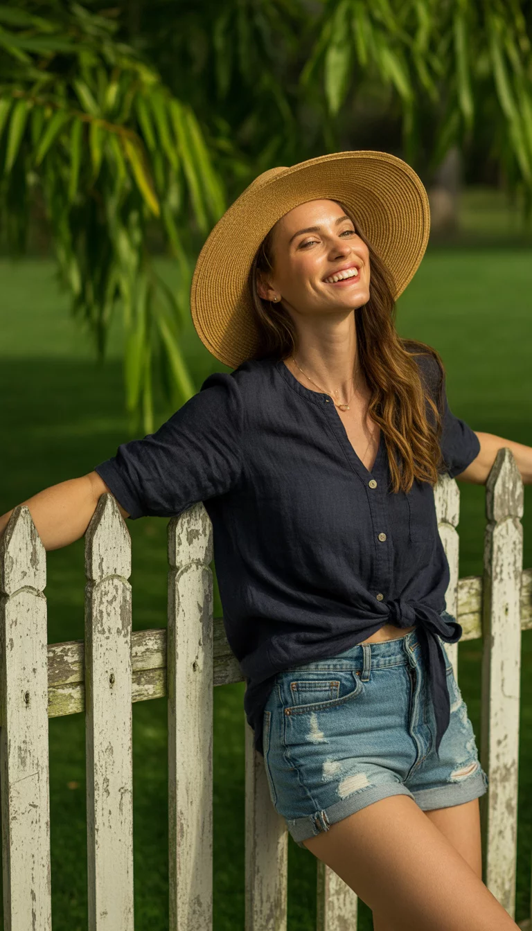 A beautiful woman in a dark navy top, frayed denim shorts, and a tan straw hat, she poses outdoors against a white picket fence with vibrant green foliage.