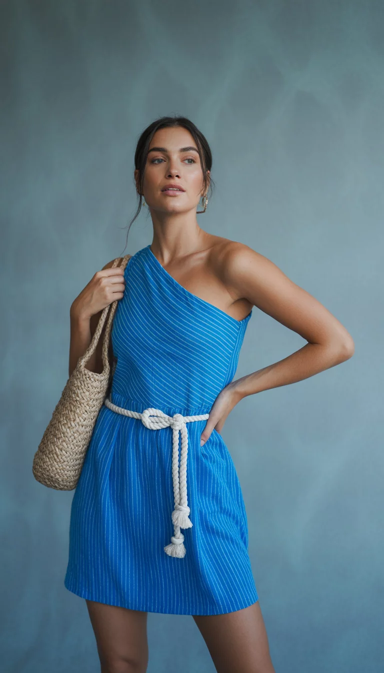 A beautiful woman in a blue striped one shoulder mini dress, a white rope belt, and a woven straw bag, she stands against a clean studio background with a confident smile.