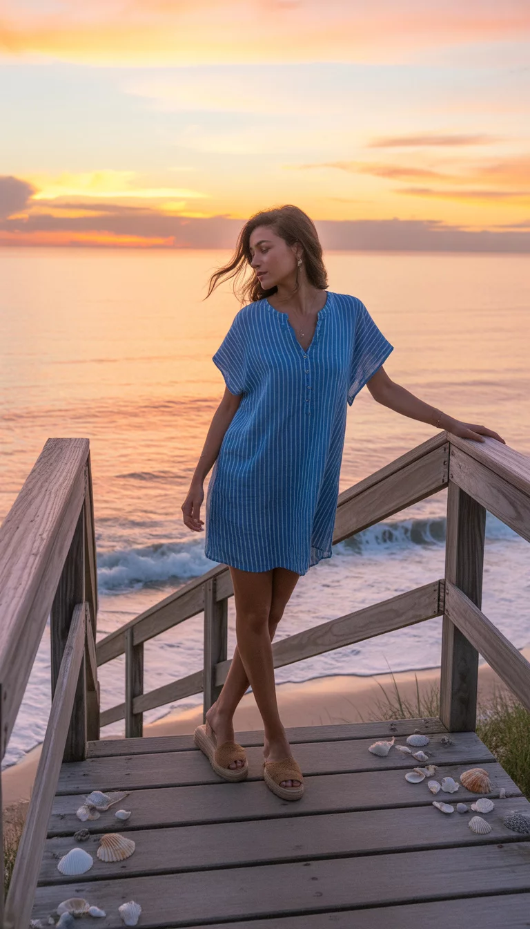 A beautiful woman in a blue and white striped tunic dress and tan espadrille sandals, she stands on rustic wooden beach stairs at sunset with the orange sky reflecting on the ocean behind her.