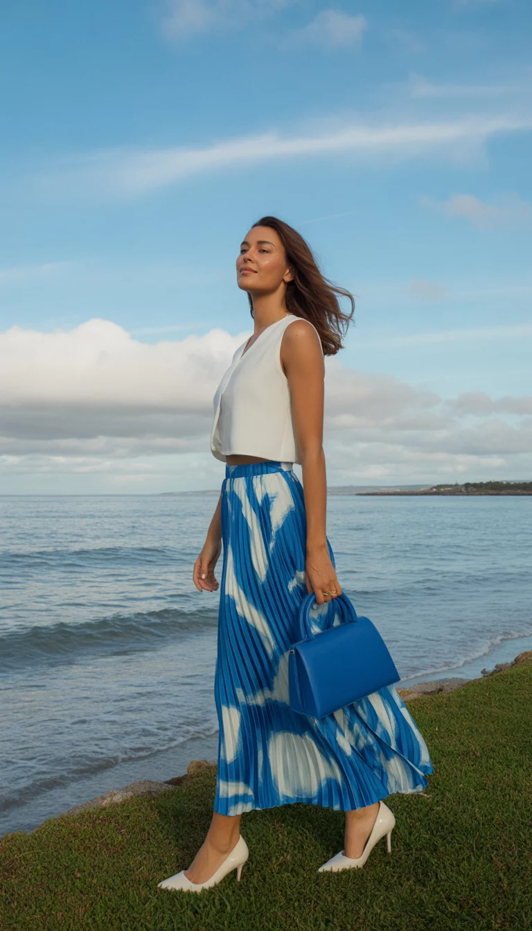 A beautiful woman in a blue abstract print pleated maxi skirt, a white sleeveless crop top, and a blue structured handbag, she stands near a grassy coastline.