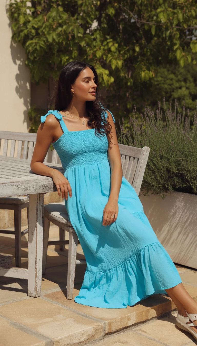 A beautiful woman in a bright turquoise smocked maxi dress with tie shoulders and a ruffle hem, she stands near white outdoor patio decor.