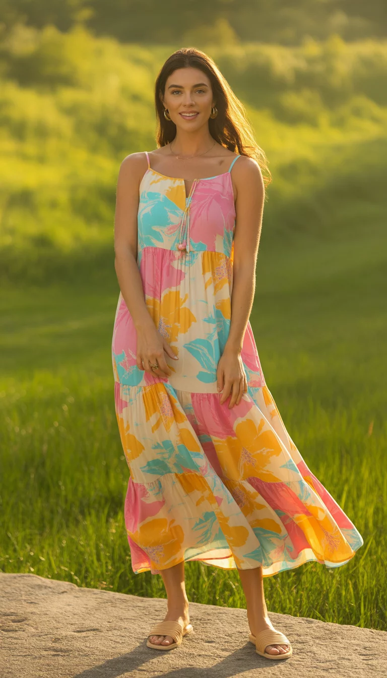 Vibrant Green Floral Maxi A beautiful woman in a colorful tiered maxi dress with floral pattern on a green background, and tan flat slide sandals.