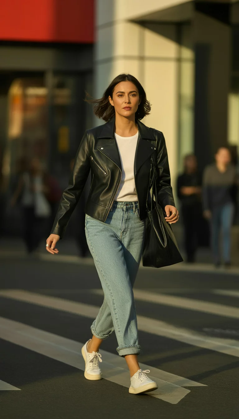 Edgy City Streets Aesthetic A beautiful woman in a black leather jacket, a white top, cuffed light-wash jeans, and white canvas sneakers, walking on a city roadway.