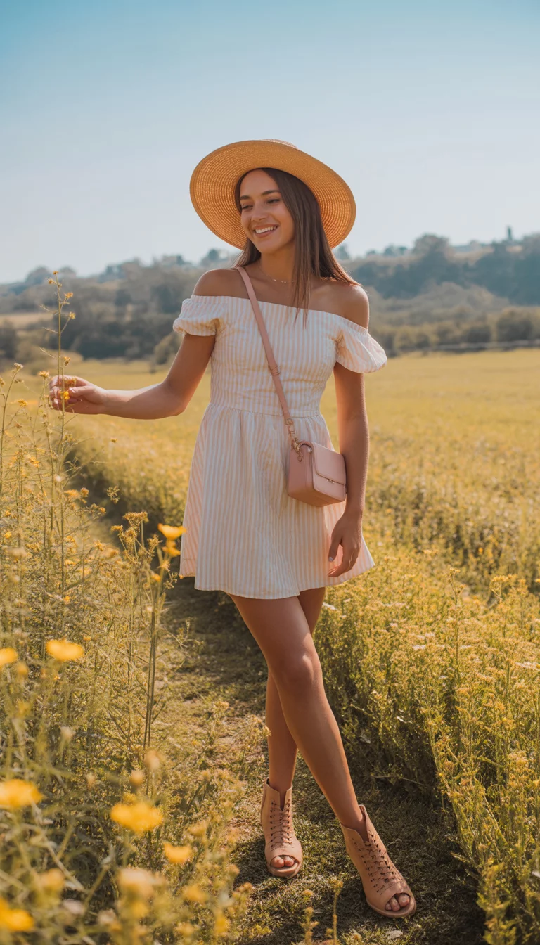 A beautiful teenager girl in a light pink and white striped off the shoulder mini dress, a straw sun hat, and tan peep toe booties, she carries a pink crossbody bag outdoors.