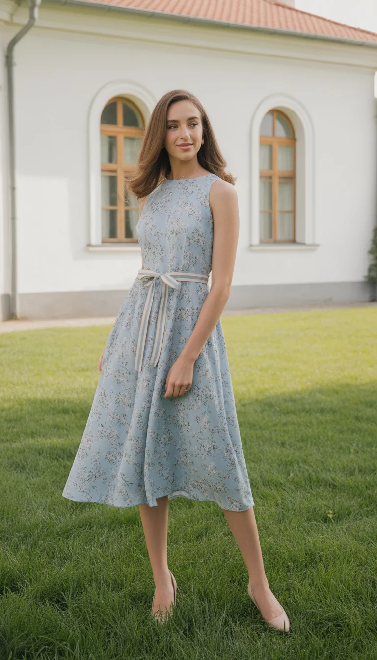 A beautiful teenager girl in a sleeveless light blue floral midi dress with a sash belt and nude heels, standing on green grass before a white building.