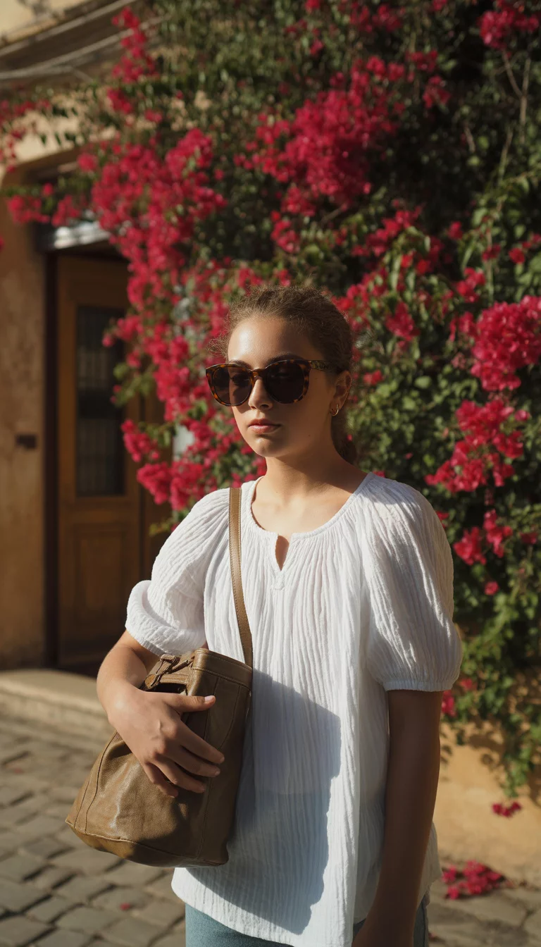 A beautiful teenager girl in a white peasant style blouse with puff sleeves and dark sunglasses, she holds a brown bucket bag against a wall of red bougainvillea.