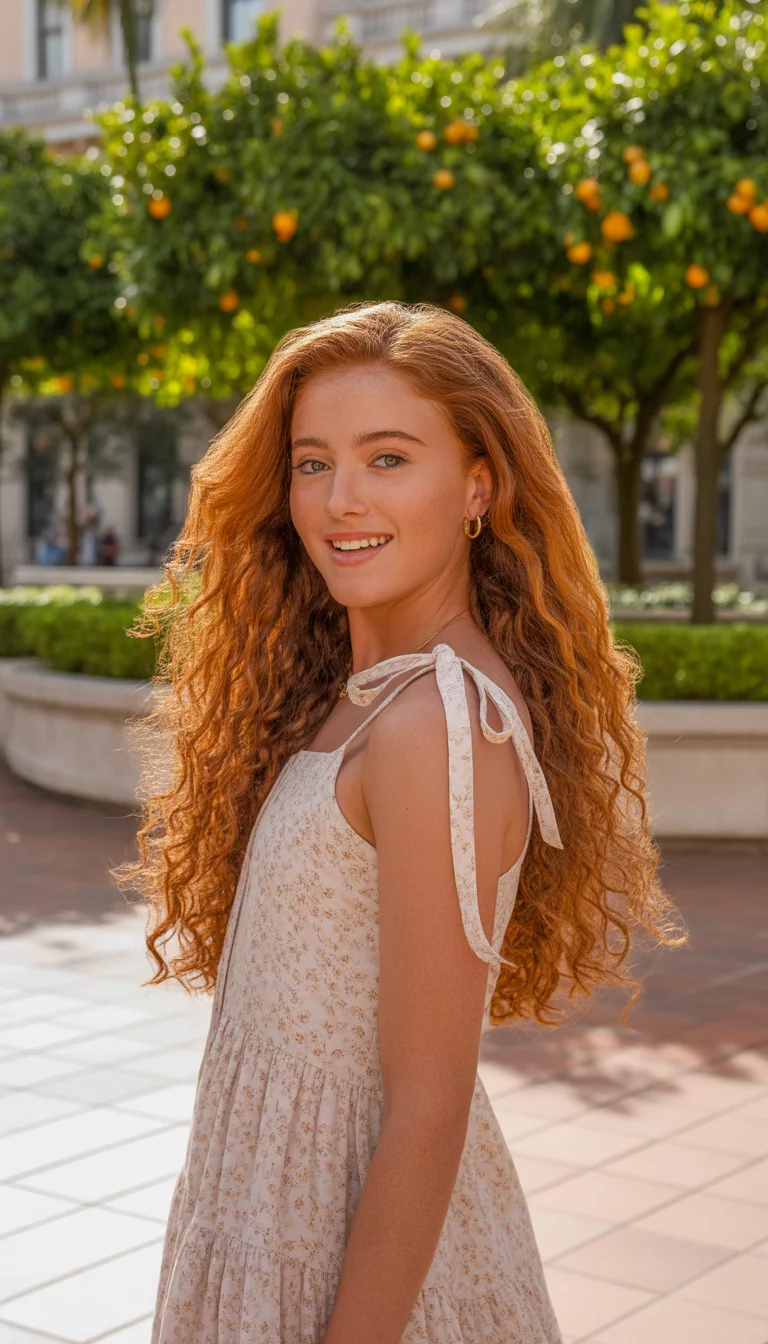 A beautiful teenager girl in a light pink floral sundress with tie shoulders, standing in a sunny tiled plaza with green hedges and orange trees in the background.