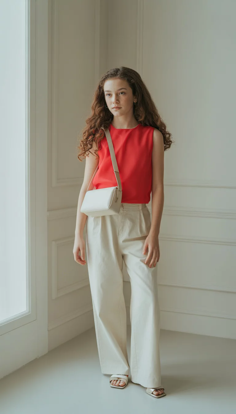 A beautiful teenager girl in a sleeveless bright red top, white wide leg trousers, nude sandals, and a small white bag, posing in a white room with wainscoting.
