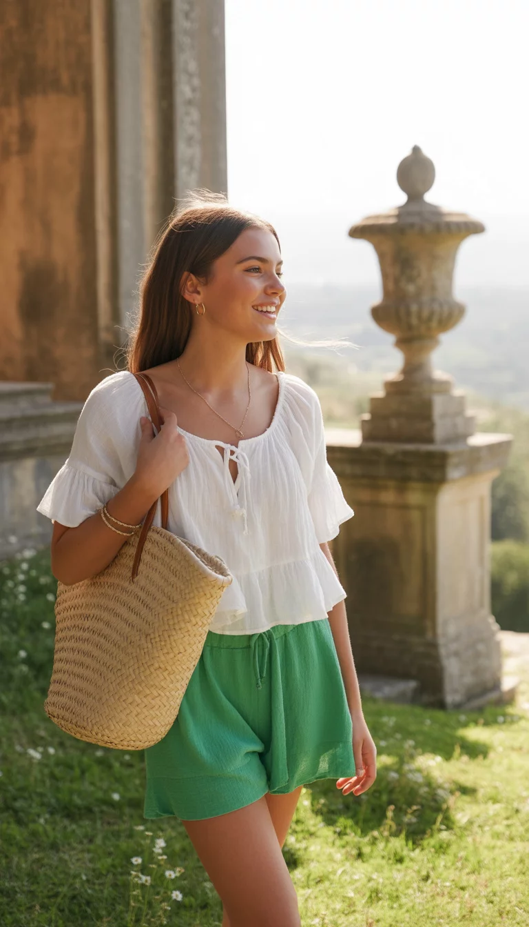 A beautiful teenager girl in a white ruffled peasant top, bright green shorts, and a straw tote bag, standing near stone architecture and a stone urn.