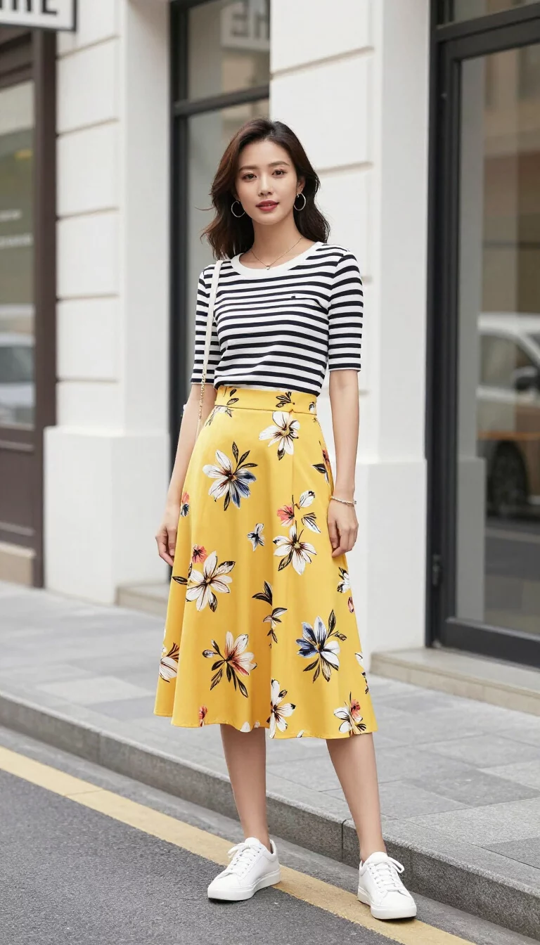A beautiful woman in a black and white striped top, a bright yellow floral midi skirt, and white sneakers, standing near a city street and white building.