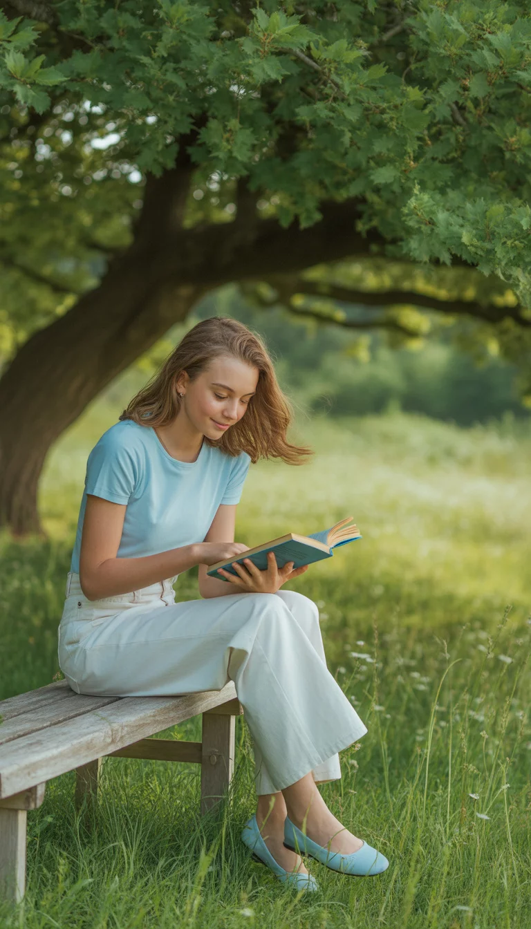 A beautiful teenager girl in a light blue t-shirt, wide leg white trousers, and matching light blue ballet flats, sitting outdoors reading a book.