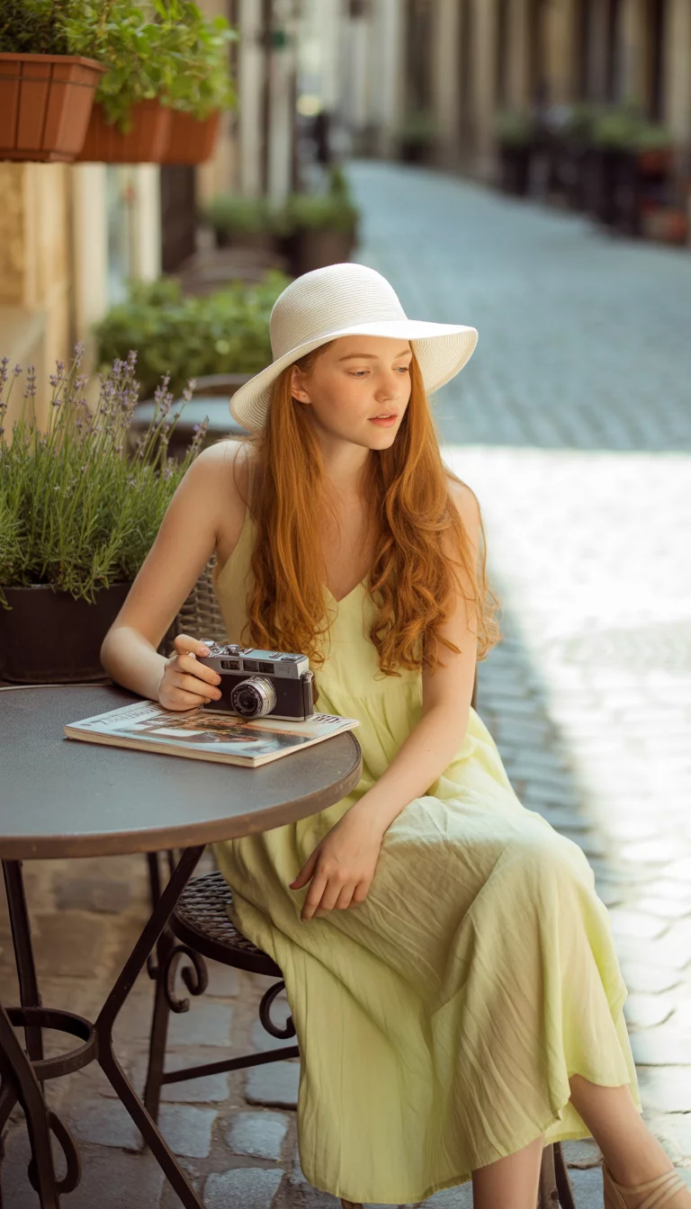 A beautiful teenager girl in a pale yellow slip dress and a white sun hat, sitting at an outdoor cafe table with a camera and magazine.