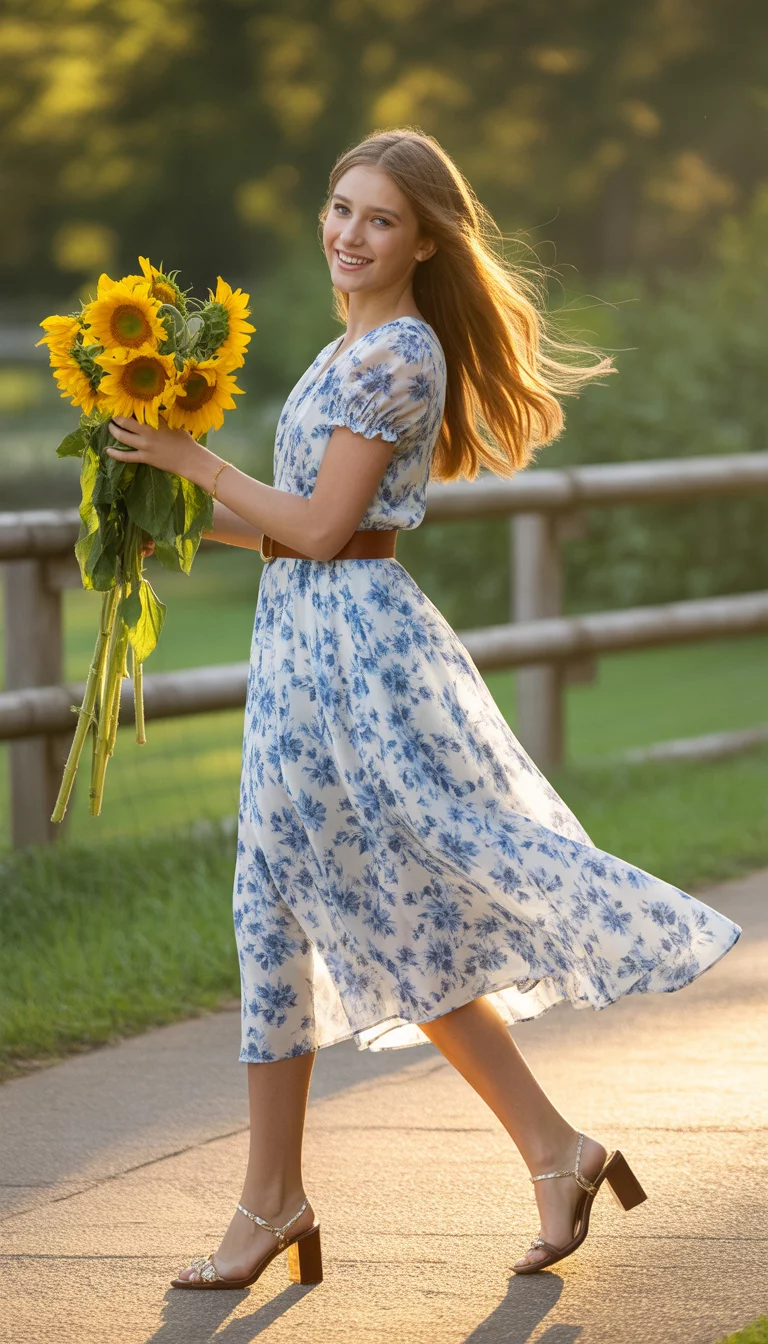 A beautiful teenager girl in a blue and white floral midi dress cinched with a thick brown belt and high brown block heels, she holds yellow flowers.