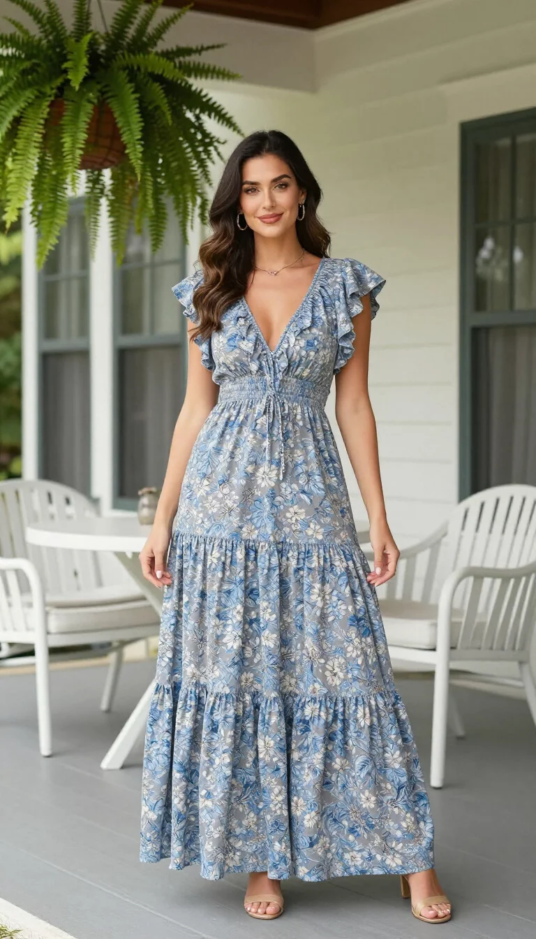 A beautiful woman in a long tiered blue gray floral maxi dress with flutter sleeves, standing on a porch with hanging ferns and white outdoor furniture.