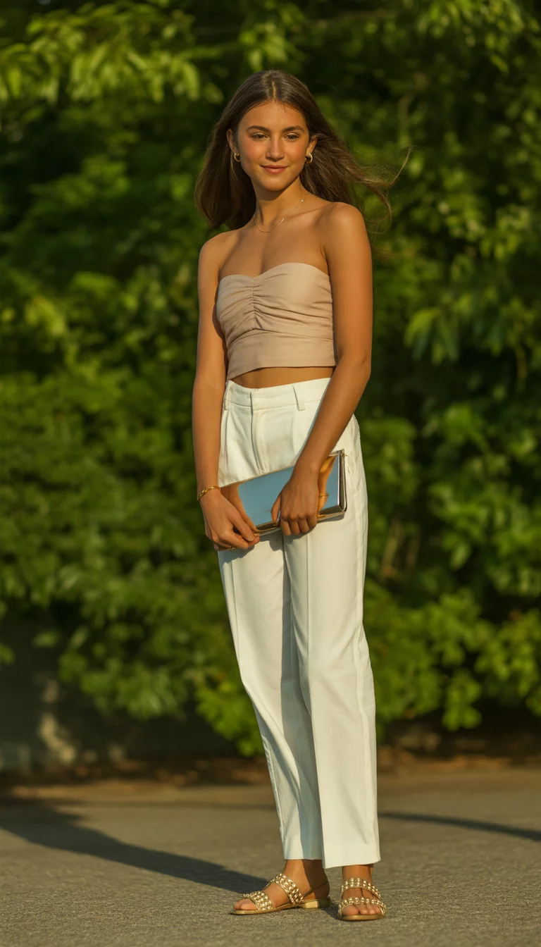 A beautiful teenager girl in a neutral gathered strapless crop top, high waisted white trousers, and gold studded flat sandals, she holds a metallic clutch outdoors.