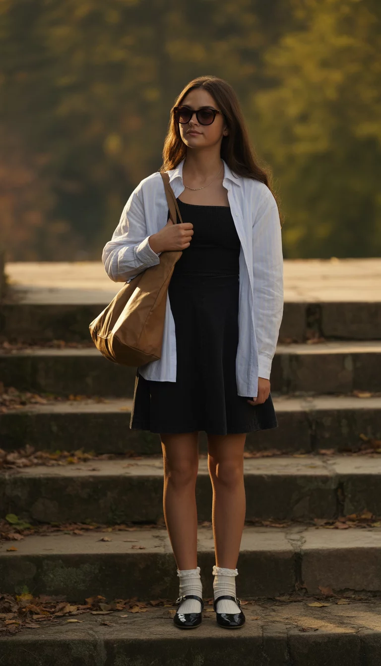 A beautiful teenager girl in a black mini dress, an unbuttoned white shirt, and black mary jane flats with white socks, she holds a brown tote bag and wears sunglasses while standing on stone steps.