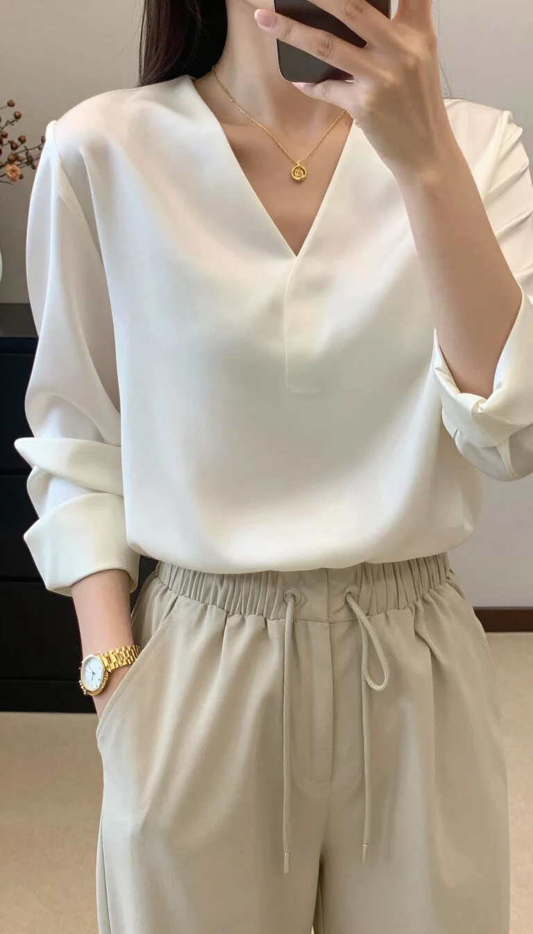 A beautiful woman in an off-white V-neck silk blouse, voluminous beige drawstring trousers, gold jewelry, and an ornate watch, indoor selfie, face not visible.