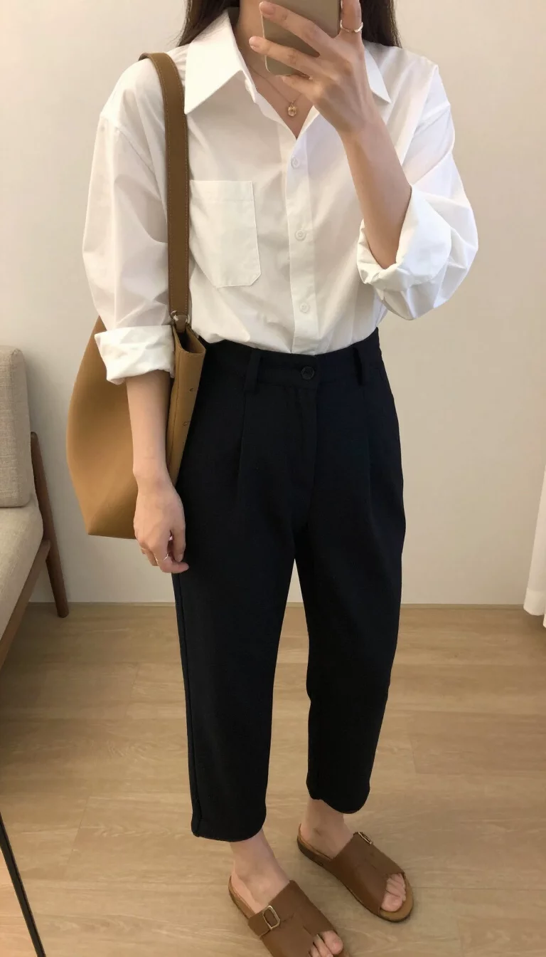 A beautiful woman in a white cropped collared shirt, high-waisted black cropped trousers, brown slides, and a large tan shoulder bag, indoor selfie, face not visible.