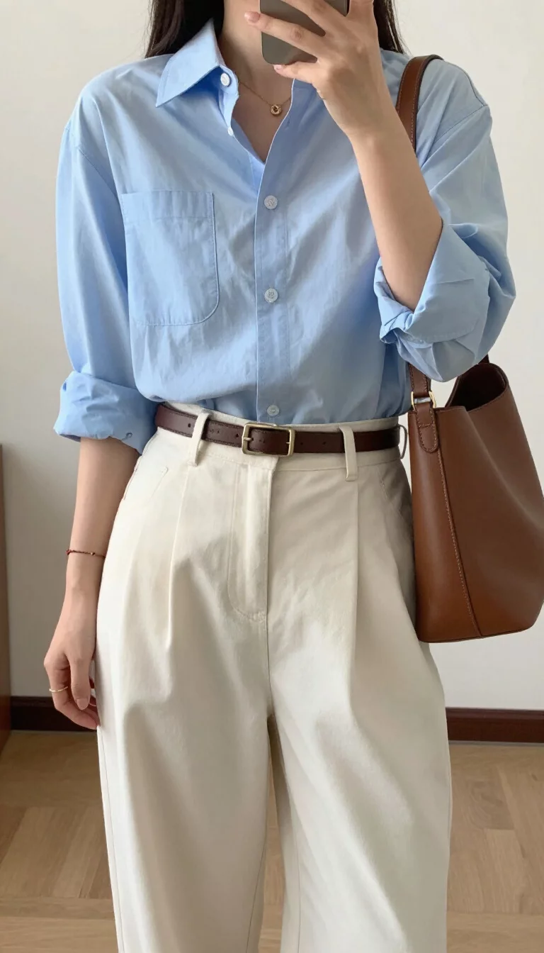 A beautiful woman in a light blue button-down shirt, high-waisted wide-leg off-white trousers, brown leather belt, and a brown shoulder bag, indoor selfie, face not visible.
