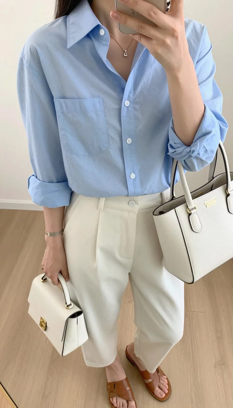 A beautiful woman in a light blue button-down shirt, pale trousers, white structured handbag, and brown slide sandals, indoor selfie, face not visible.