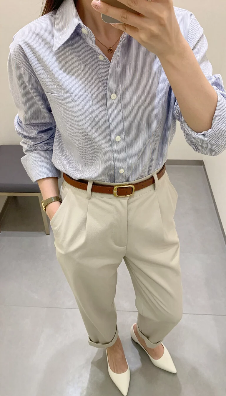 A beautiful woman in a striped button-down shirt, light beige cuffed trousers, brown leather belt, and white pointed flats, indoor selfie, face not visible.