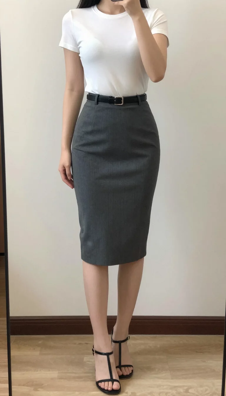 A beautiful woman in a fitted white short-sleeve top, charcoal gray charcoal gray tailored midi pencil skirt, slim black belt, and black heeled thong sandals, indoor selfie, face not visible.
