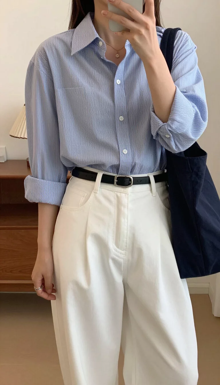 A beautiful woman in an untucked blue and white striped button-down shirt, wide-leg white trousers, black belt over the shirt, and a dark tote bag, indoor selfie, face not visible.