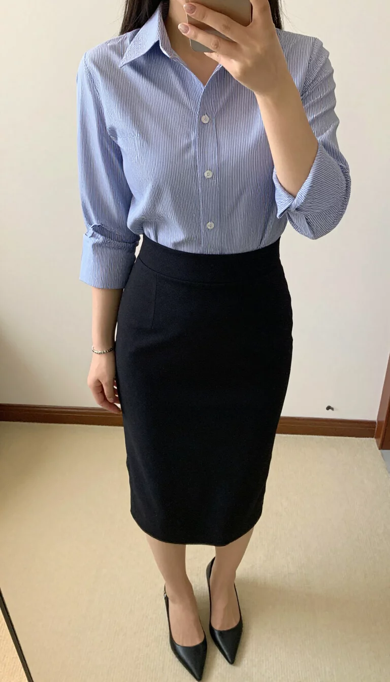 A beautiful woman in a blue and white striped button-down shirt, black pencil midi skirt, and black pointed-toe heels, indoor selfie, face not visible.