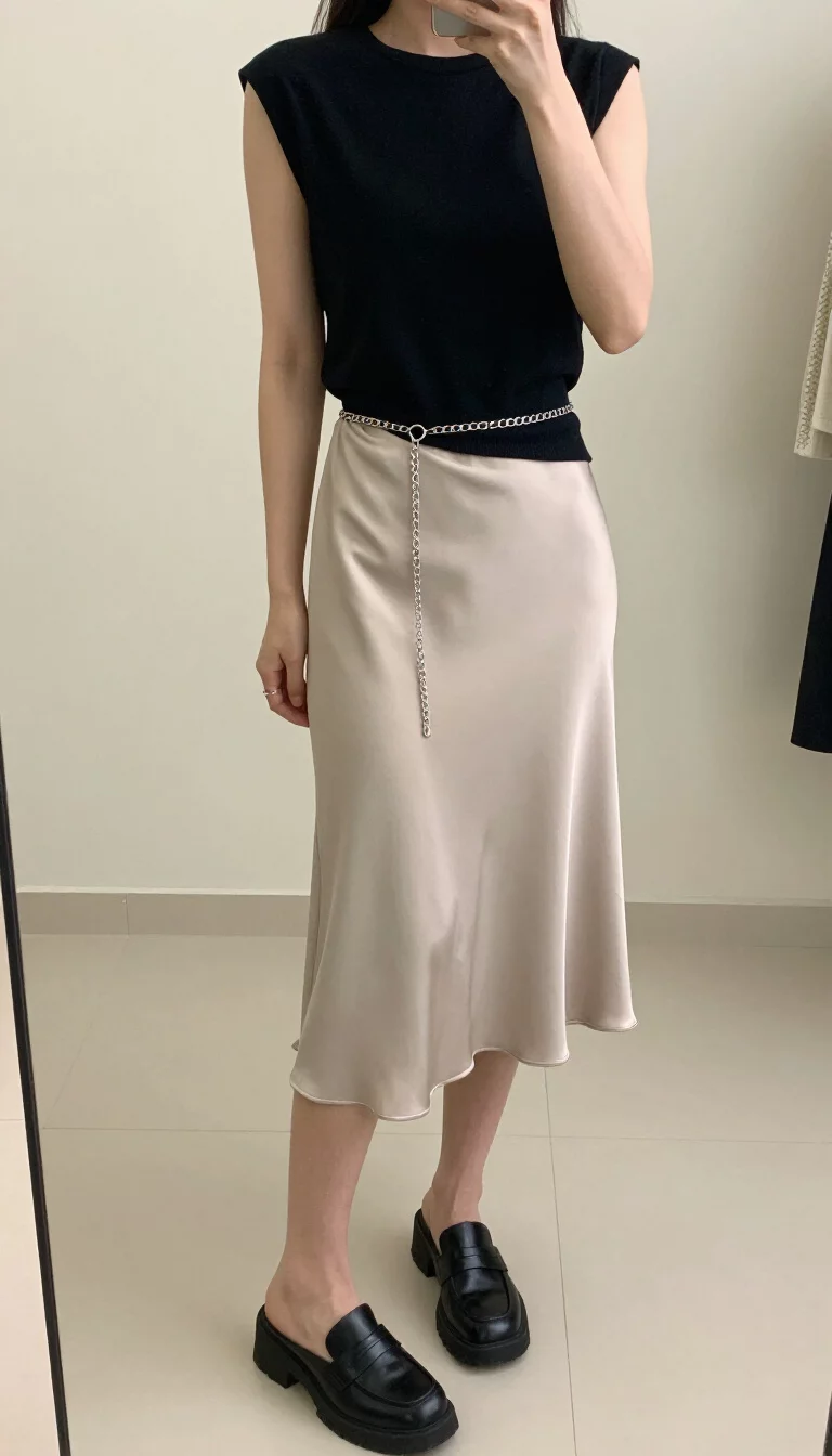 A beautiful woman in a black padded shoulder sleeveless top, knee-length beige satin slip skirt, chain belt, and chunky black loafer mules, indoor selfie, face not visible.