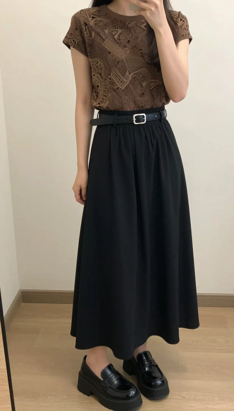 A beautiful woman in a short-sleeved brown patterned top, long black flowing skirt, black leather belt, and chunky black platform loafers, indoor selfie, face not visible.