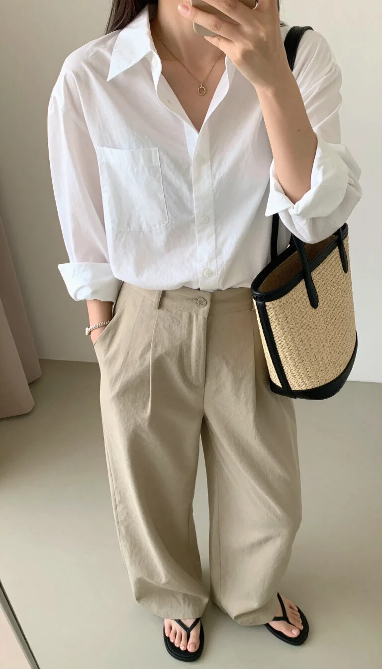A beautiful woman in a loose white button-down shirt, beige wide-leg trousers, black flip-flops, and a black and beige patterned woven bag, indoor selfie, face not visible.