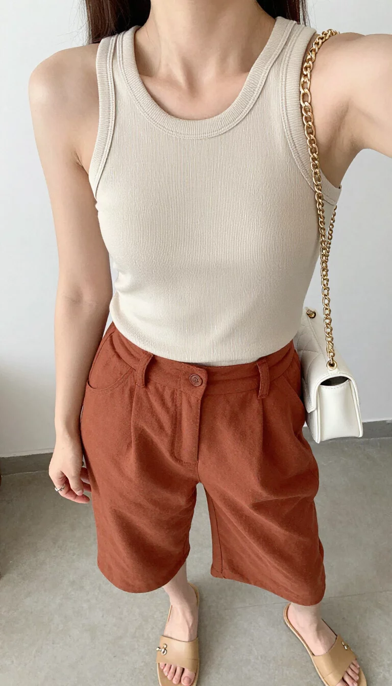 A beautiful woman in a ribbed beige tank top, rust-colored culottes, light tan slide sandals, and a small white chain-strap bag, indoor selfie, face not visible.