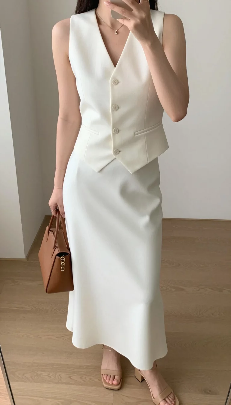 A beautiful woman in a white sleeveless button-up vest, matching white long skirt, nude platform square-toe sandals, and a brown handbag, indoor selfie, face not visible.