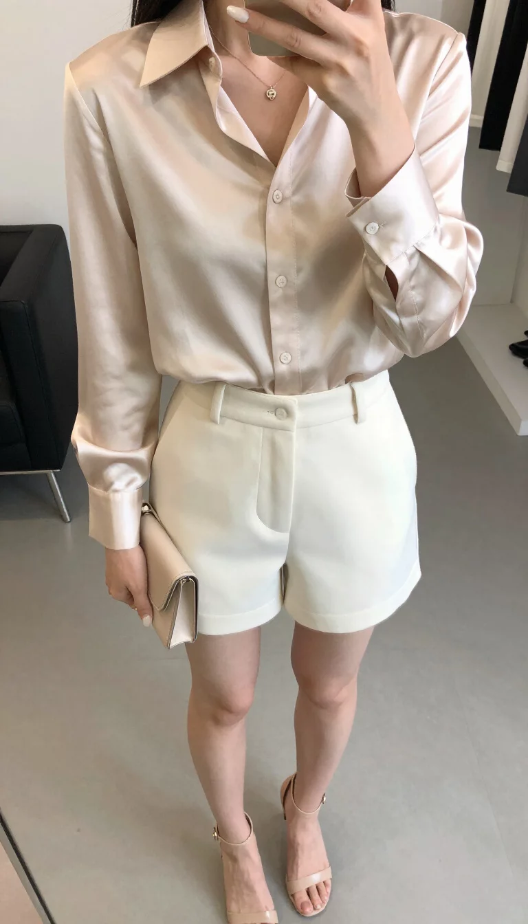 A beautiful woman in a champagne satin button-down blouse, ivory tailored shorts, nude heeled sandals, and a matching clutch, indoor selfie, face not visible.