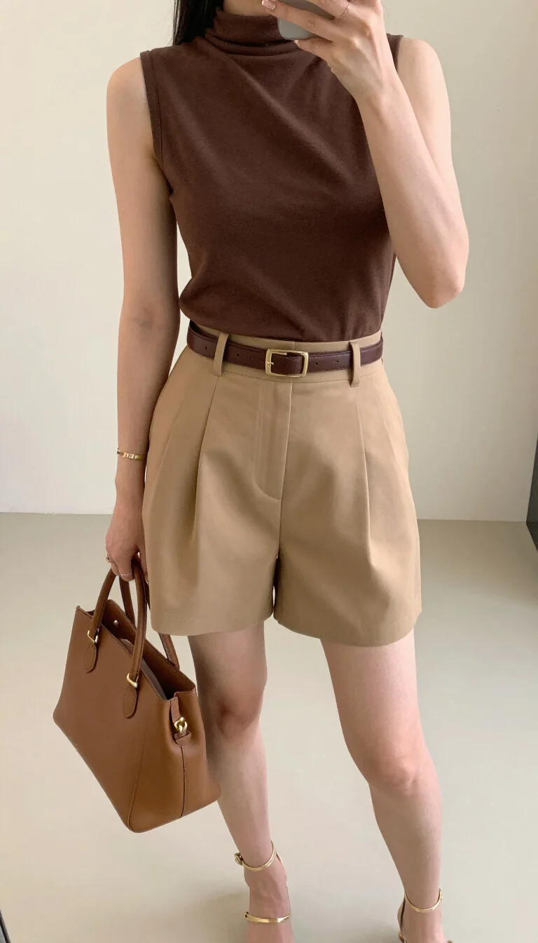 A beautiful woman in a brown sleeveless mock-neck top, high-waisted tan pleated shorts, brown belt, gold strappy heels, and a structured brown handbag, indoor selfie, face not visible.