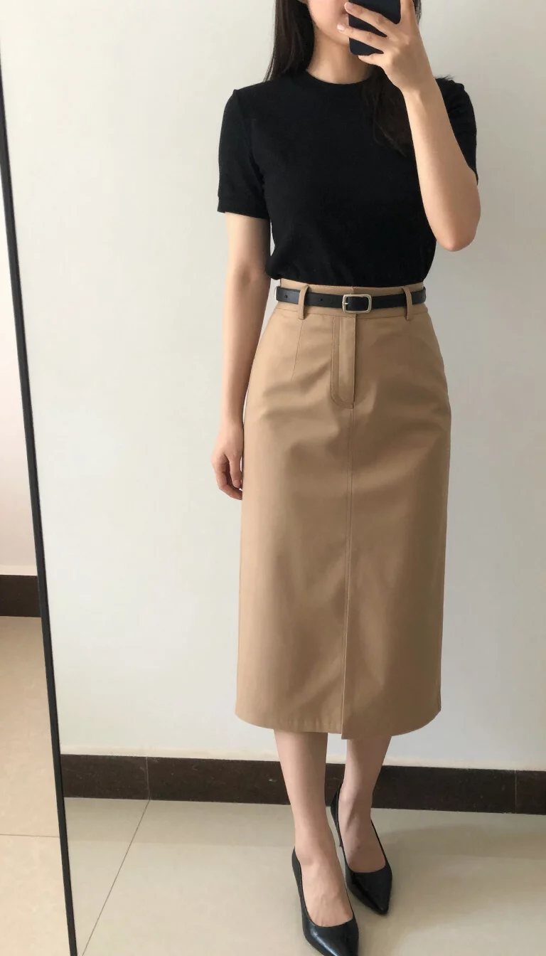 A beautiful woman in a black short-sleeved top, high-waisted tan midi skirt with a front slit, black belt, black pointed heels, and dark sunglasses, indoor selfie, face not visible.