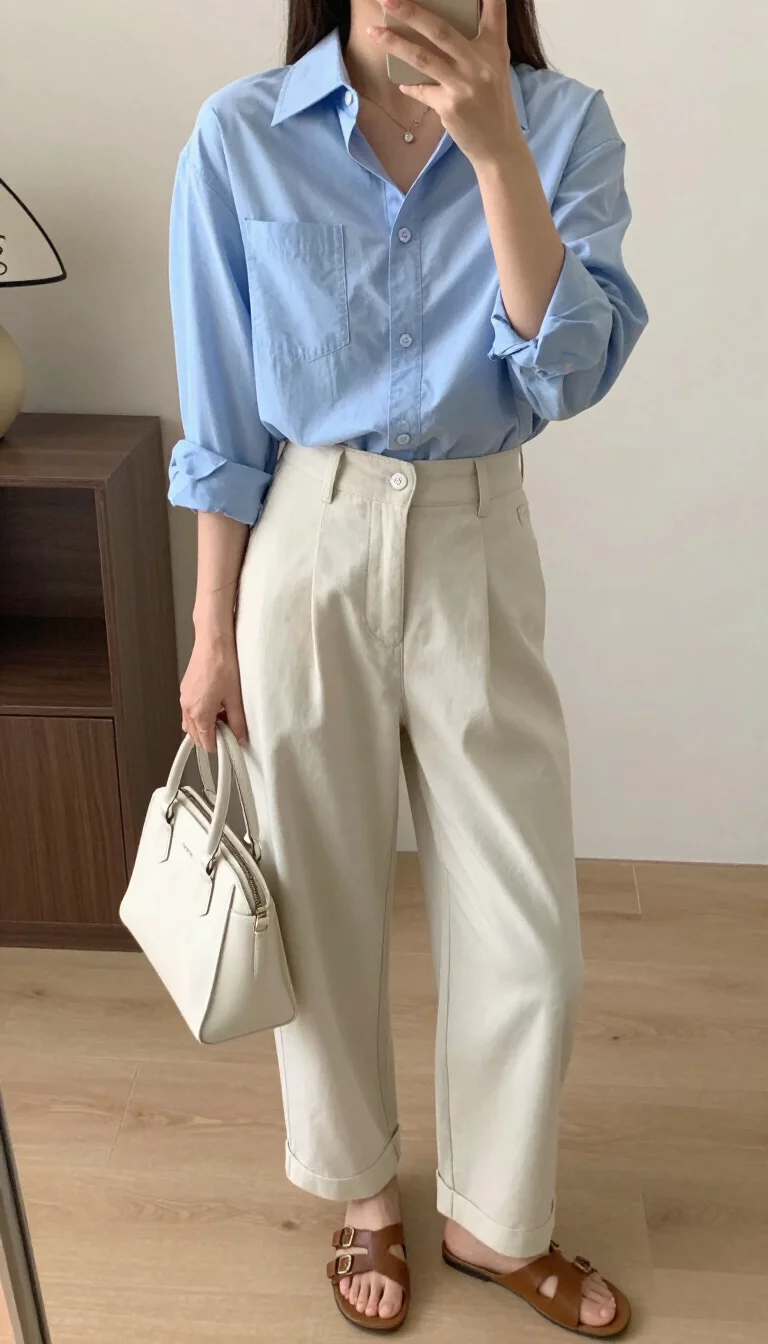 A beautiful woman in a light blue button-down shirt, high-waisted pale trousers, brown slides, and a white handbag, indoor selfie, face not visible.
