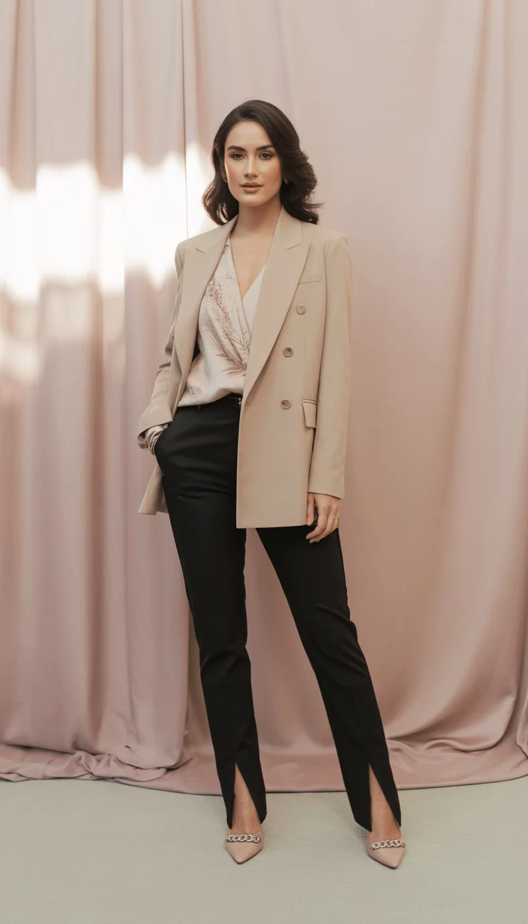 A beautiful woman in a beige double-breasted blazer over a floral top and black split-hem trousers with nude chain-detailed heels, standing against a pink backdrop.