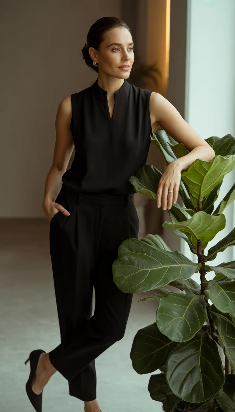 A beautiful woman in a sleeveless black mockneck top tucked into tailored black ankle pants with black pumps and a large tan handbag, she poses near a plant.