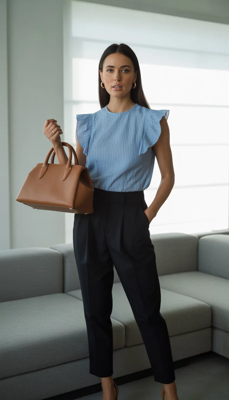 A beautiful woman in a light blue pinstriped ruffled sleeveless top and high-waisted black ankle trousers, she holds a large tan structured handbag in an indoor modern space.