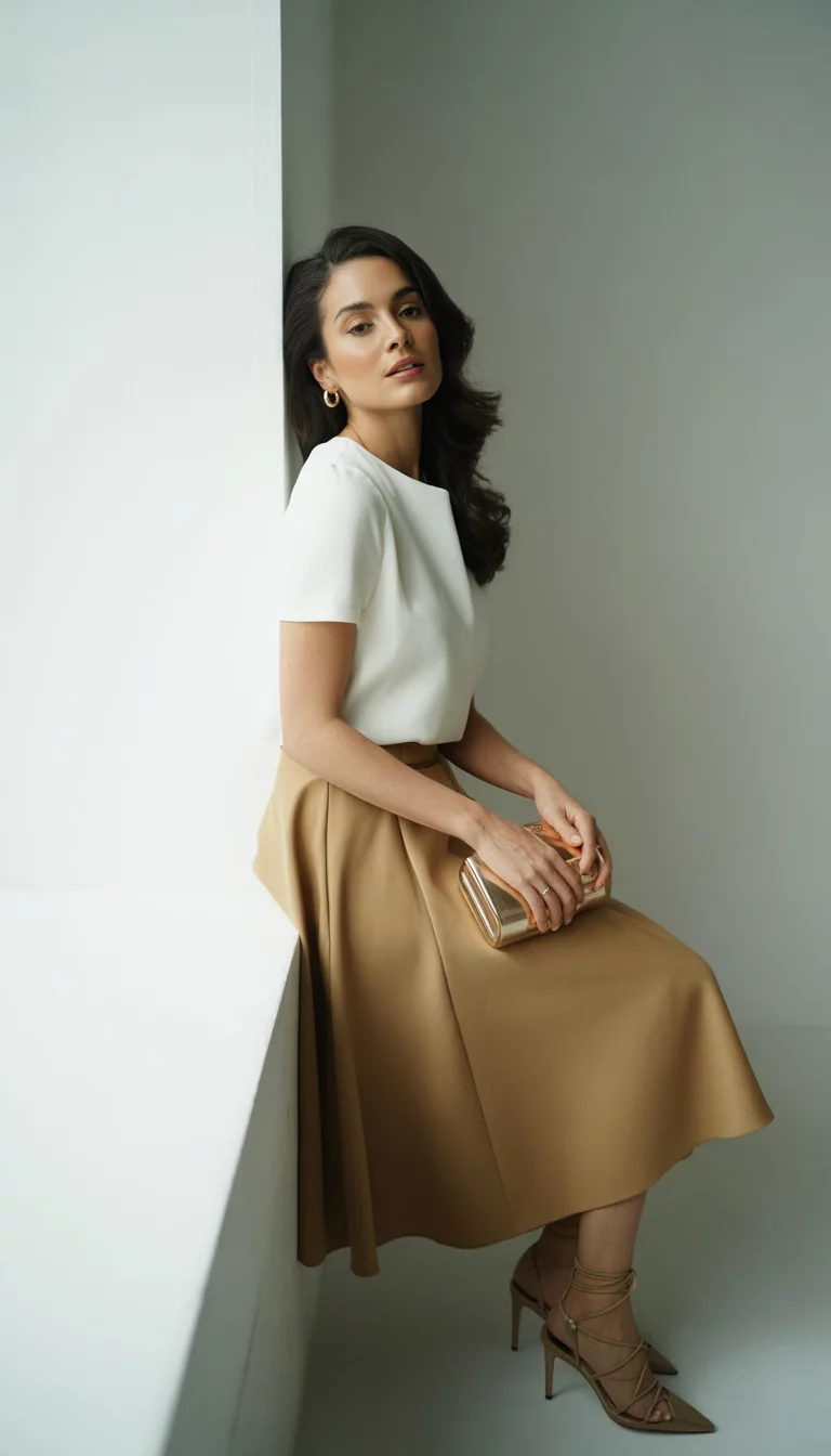 A beautiful woman in a short-sleeved white top and tan A-line midi skirt with brown lace-up heels and a clutch, she poses near a white wall.