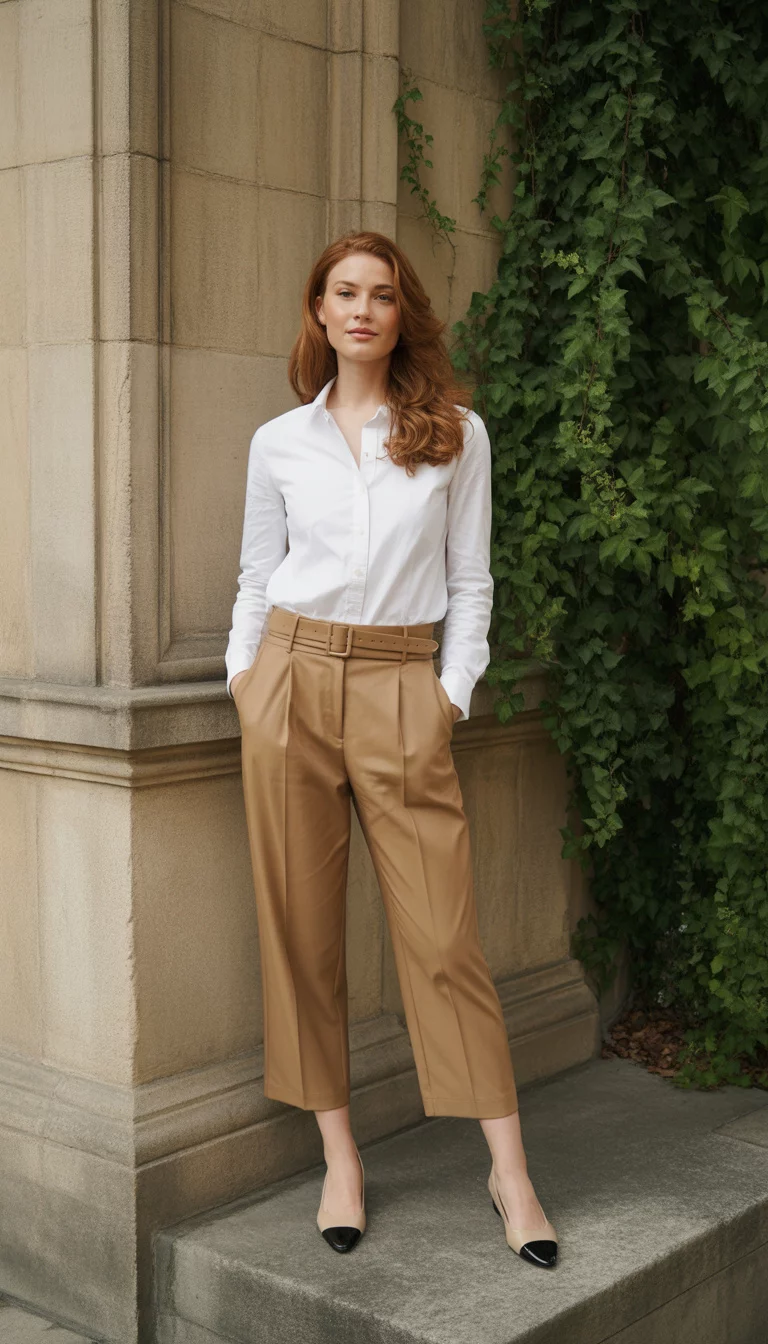 A beautiful woman in a white button-down shirt tucked into belted tan cropped trousers with black-toed beige ballet flats, she stands against a stone building.