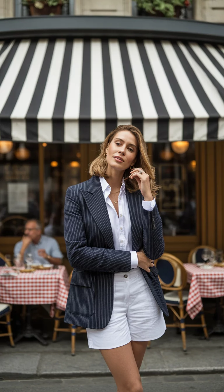 A beautiful woman in a pinstripe jacket, white button-down shirt, and matching white shorts, she poses stylishly outside a Parisian restaurant with a black and white striped awning and outdoor seating.