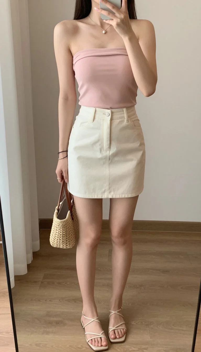 A beautiful woman in a light pink strapless top and creamy white mini skirt, she wears light-colored strappy flat sandals and carries a small woven bag, indoor selfie.